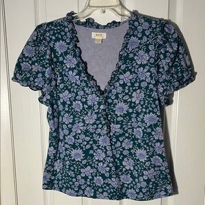 Maeve Anthropologie puff sleeve ruffle Henley tshirt floral purple aqua snaps XL